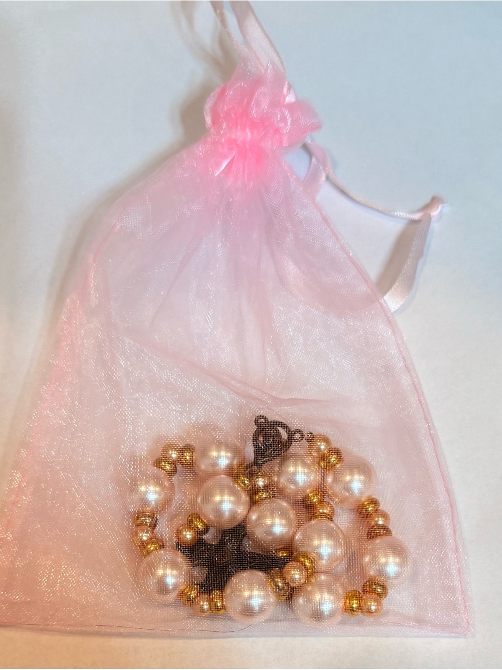 Pink Pearl and Gold Bead Bracelet with Drawstring Organza Pouch